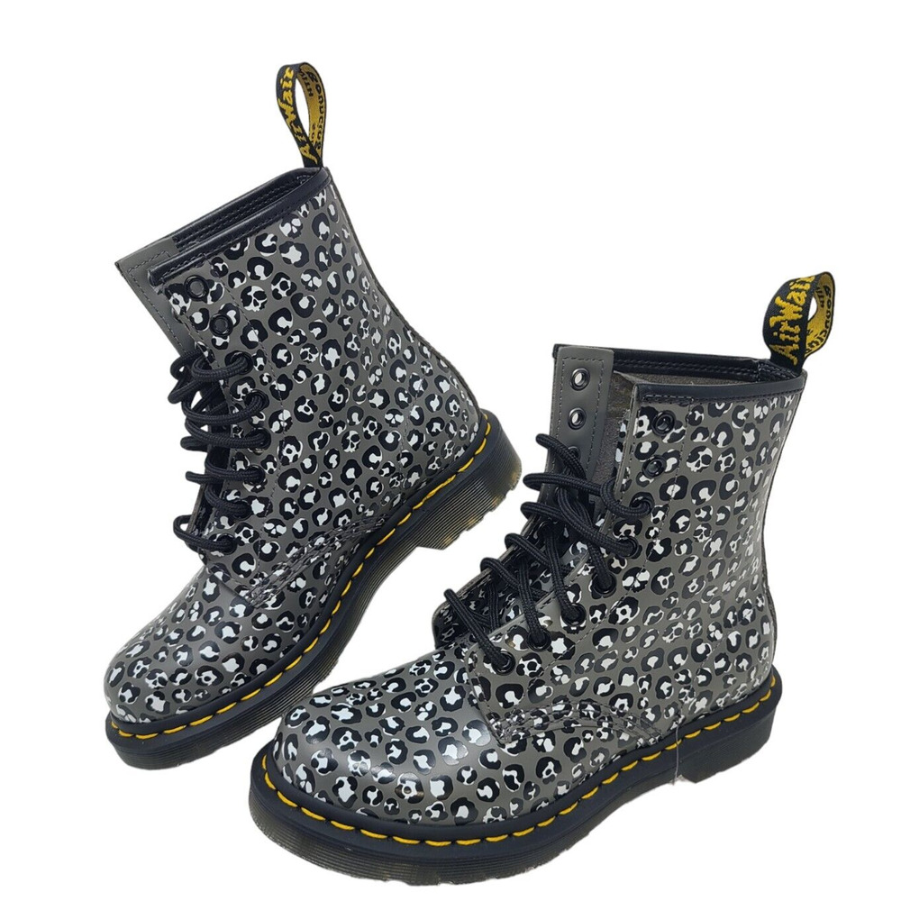 DOC DR MARTENS GUNMETAL 1460 LOUD LEOPARD Leather Boots Sz 6 Grunge Whimsigoth